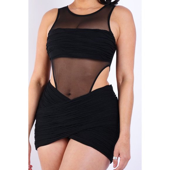 Casual Textured Knit Skirt Set With Mesh Contrast Bodysuit Black/Hot-Pink - Picture 2 of 12